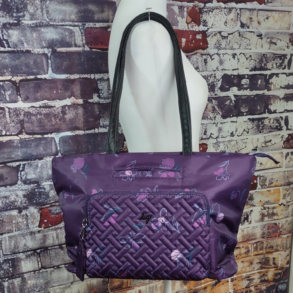 Purple Floral Quilted Tote Bag with Black Handles ARPEGGIO